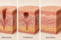 An illustration with sequential panels that shows the three stages of the biological process of wound healing Royalty Free Stock Photo