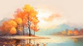 Serene Autumn Landscape Illustration With Colorful Falling Leaves