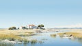 Realistic Seascape Illustration Of A House By A River