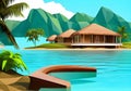 Illustration Of a Serene Bungalow on Island Oasis with Crystal Clear Blue Waters