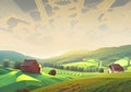 Illustration of a Serene French Countryside: Lush Hills, Old Houses, and Cloudy Sunset Skies