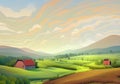 Illustration of a Serene French Countryside: Majestic Hills, Old Houses, and Cloudy Sunset Skies