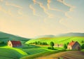 Illustration of a Serene French Countryside: Majestic Lush Hills, Old Houses, and Cloudy Sunset Skies
