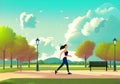 Illustration of a Serene Park with a Woman Jogging, Green and Orange Trees, Bench, Blue Sky with White Clouds