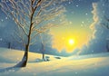 Illustration of a Serene Sunset Over Snowy Trees in a Winter Wonderland