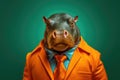 Illustration of a serious and elegant hippopotamus wearing a jacket in front of a smooth and uniform colored background, with