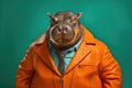 Illustration of a serious and elegant hippopotamus wearing a jacket in front of a smooth and uniform colored background, with