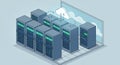Illustration of a server room with multiple blue-gray server towers arranged in two Royalty Free Stock Photo