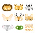 Illustration set of animal africa carnival masks: lion, giraffe, zebra, fenech, antelope, serval, elephant, crocodile