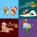 Illustration set animals winter holiday North Pole penguins presents and sledding