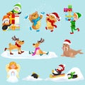 Illustration set animals winter holiday North Pole penguins presents and sledding down the hills,bears under snow