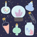 illustration of a set of bottles of magic elixirs, potions, jar with crystals. Cartoon elements of magic and witchcraft