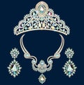 set of brilliant jewelery diadem, necklace and earrings with precious stones