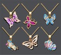 set of butterfly pendants with precious stones