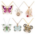 Illustration set of butterfly pendants with precious stones isolated on white background