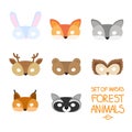 Illustration set of cartoon animal forest carnival masks: bear, fox, hare, wolf, owl, squirrel, deer, raccoon Royalty Free Stock Photo