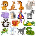 set of cartoon animals with crocodile, snake, lion, hippo, zebra, panda, hedgehog, giraffe, elephant, wolf,