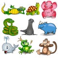 set of cartoon animals with crocodile, turtle, snake, sea lion, hippo, whale, frog and monkey