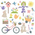 illustration set cartoon spring elements and charactersscare rabbits, chicken, scarecrow, birds, bees. Concept spring and easter Royalty Free Stock Photo