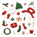 Illustration set of christmas stuff isolated on white background. New Year mood traditional things.