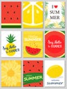 Set of colorful summer poster with pineapple, watermelon, lemon, palm leaves and hand written text