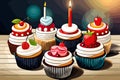 Illustration of a set of cupcakes with cherry, strawberries, and candles in the background, tasty bakery, generative ai Royalty Free Stock Photo