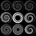 set of design elements for logos with spiral and white circles on a black background