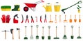 Illustration of a set of different gardening tools, plants, wheelbarrow, trimmer, boots and gloves Royalty Free Stock Photo