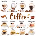 set of different types of coffee isolated on white background