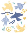 Illustration set of doves and signs of peace, pacific. Symbolizes world peace, stopping the war, truce, hope. Isolated Royalty Free Stock Photo