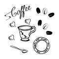 illustration, set of drawn coffee tableware and coffee beans, cups, saucers, spoon, for patterns and banners