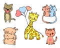 Illustration, set of drawn cute loving animals. Kittens, giraffe, rabbits for birthday cards and St. Valentines Day,