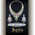 Set of elegant necklace, earrings and bracelet with precious stones and the inscription jewelry collection