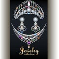 set of elegant necklace, earrings and diadem with precious stones and the inscription jewelry collection