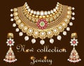 set of elegant necklace, earrings with precious stones, pearls and inscription jewelry collection