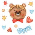 An illustration, a set of elements, a bear's muzzle with a red bow, a blue bow with white polka dots, multicolored stars