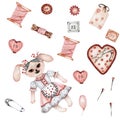 Illustration. A set of elements for sewing, needlework: thread, needles, needle holder , buttons, toy hare, pin.