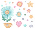 Illustration, set of elements, stars, hearts, balls, funny character flower in a pot, cute flowers on a white background.