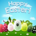 Set of face animals in eggs. Rabbit, koala, frog. Funny Animal characters. Happy Easter day in the garden