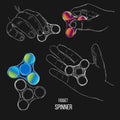 Illustration of Set fashionable trend for teenager. Fidget spinner with hand of hand drawn style with paint splashes