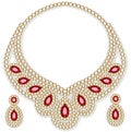 Set of female necklace and earrings of precious stones on white background