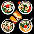 Illustration of a set of four soups in a plate. AI Generated