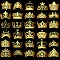 Set of gold crowns on a black background