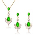 Illustration set gold jewelry pendant on a chain and earrings with emeralds