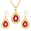 set of gold jewelry pendant on a chain and earrings with rubies