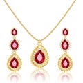 Illustration set gold jewelry pendant on a chain and earrings with rubies