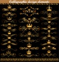 set of gold vintage calligraphic design elements with crowns Royalty Free Stock Photo