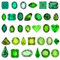 set of green gems of different shades and cuts of emerald Royalty Free Stock Photo
