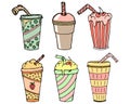 Illustration, set of hand-drawn assorted cocktails with straws, dairy with fruits and coffee. Design for the food industry.