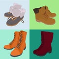 Illustration of Set hand drawn colorful women Footwear in isometric style. Shoes Casual and sport style, gumshoes, boots